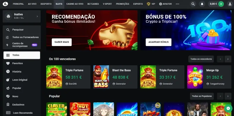 Página de casino na Leon