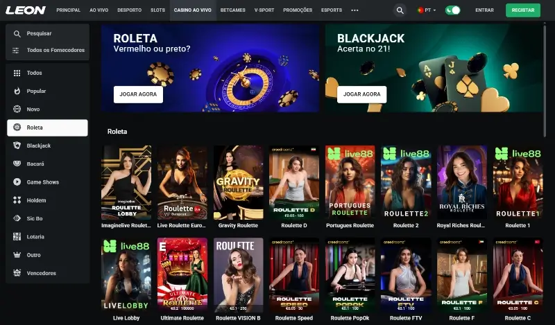 Página de roleta ao vivo no casino da Leon