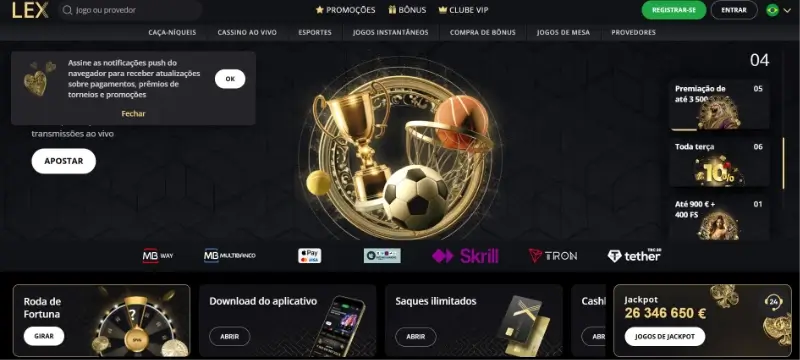 Página de desporto no Lex Casino