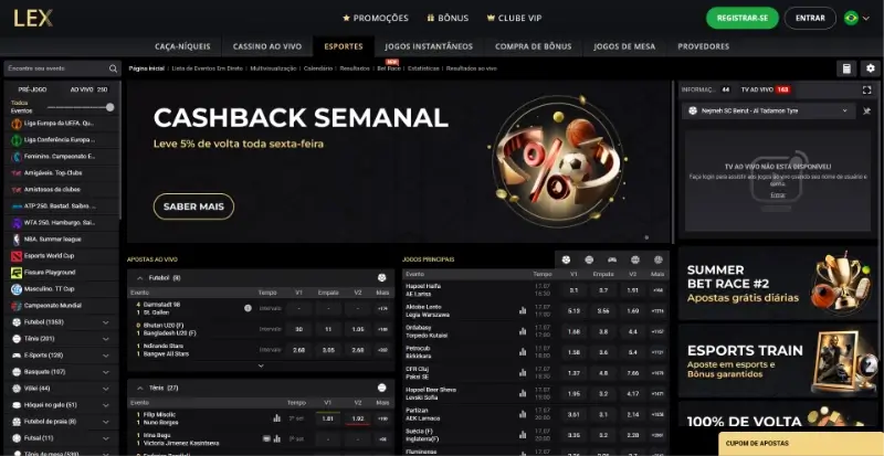 Página de apostas desportivas no Lex Casino