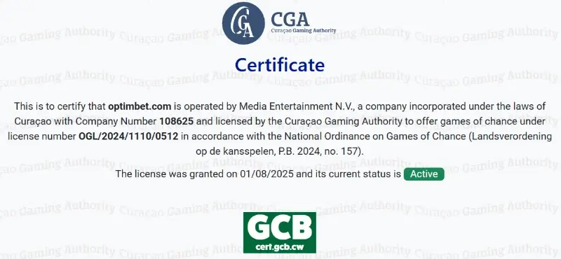 Certificado de licença da OptimBet