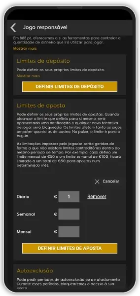 Limites de jogo responsável na 888 Casino app