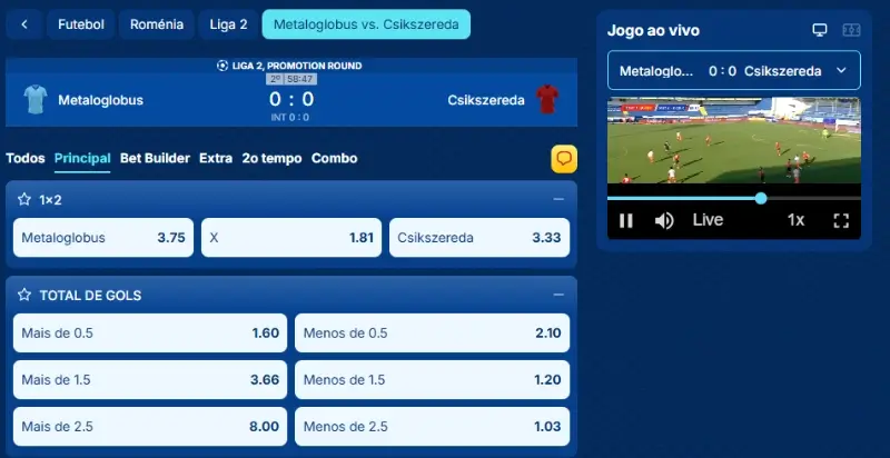 Live stream de uma partida de futebol no SG Casino