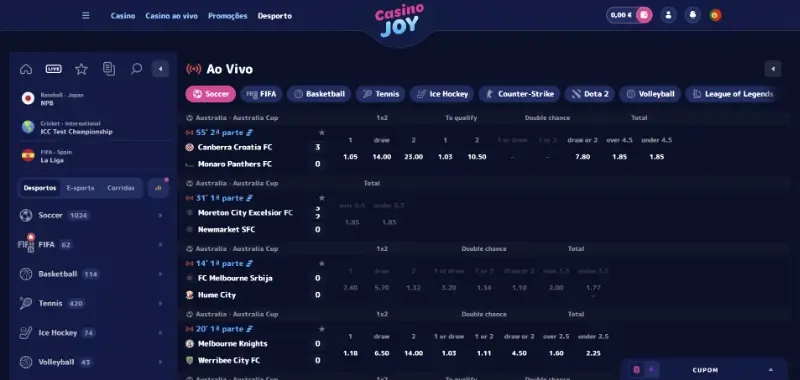 Página de apostas ao vivo do CasinoJoy