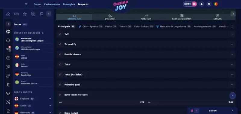 Mercados de apostas disponíveis no CasinoJoy