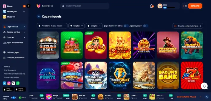 Página de slot machines no Monro Casino