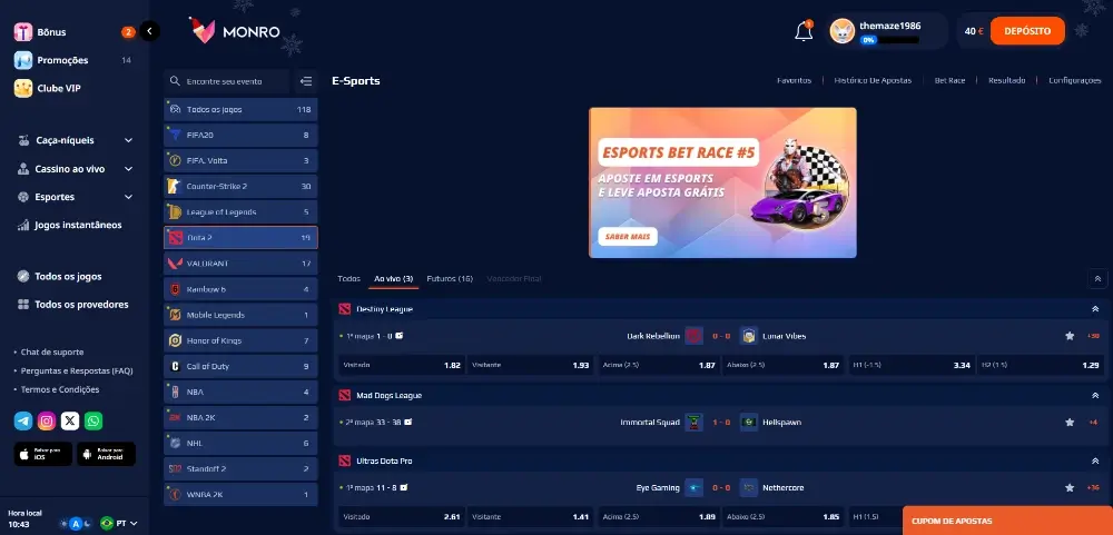 Página de apostas em Dota 2 na Monro