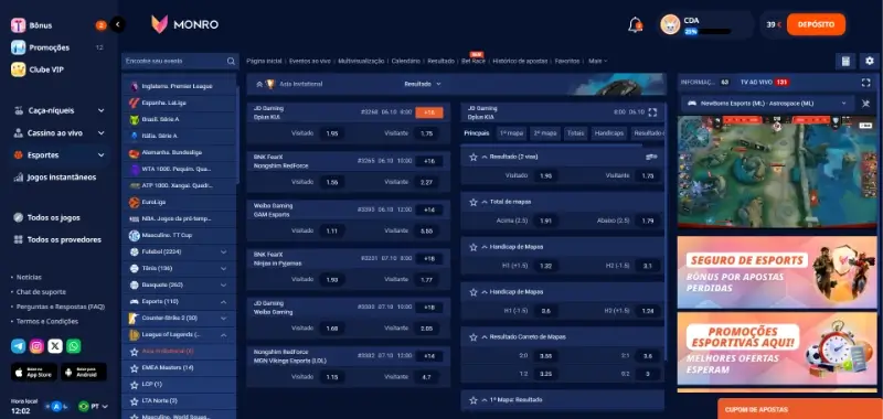 Página de apostas em LoL na Monro