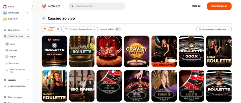 Página de roleta ao vivo no casino da Monro