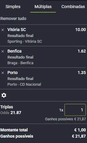 Multipla com jogos da primeira liga na calculadora do placard
