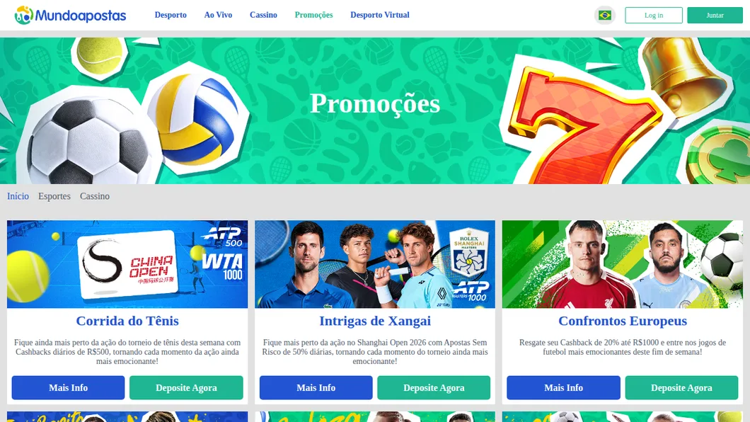 Página de promoções da MundoApostas vista do Brasil, com as ofertas de esporte e cassino