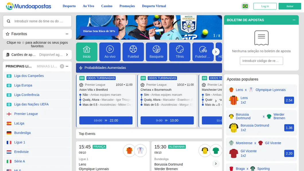 Página de apostas esportivas da MundoApostas aberta a partir do Brasil, com odds turbinadas e o boletim de apostas