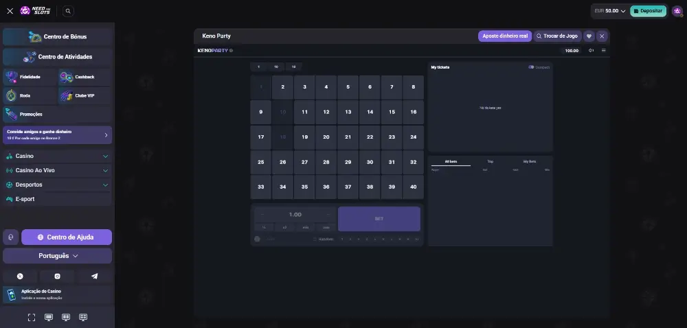 Jogo de Keno no casino da Need for Slots