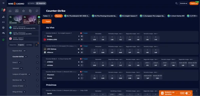 Página de apostas para CS2 na Nine Casino