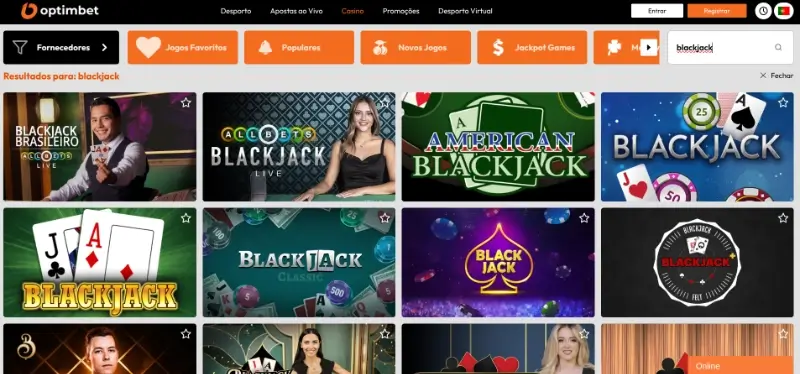 Página de blackjack na Optimbet