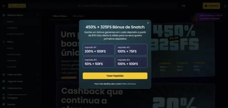 Pacote de boas-vindas do Snatch Casino