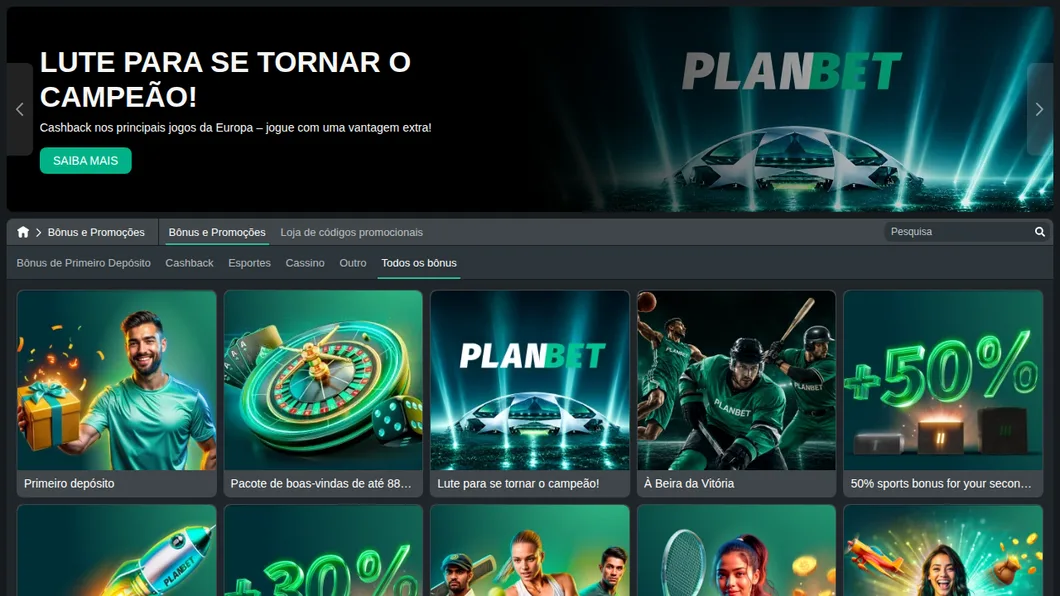 Página de bônus e promoções da Planbet vista do Brasil, com o cashback e o pacote de boas-vindas