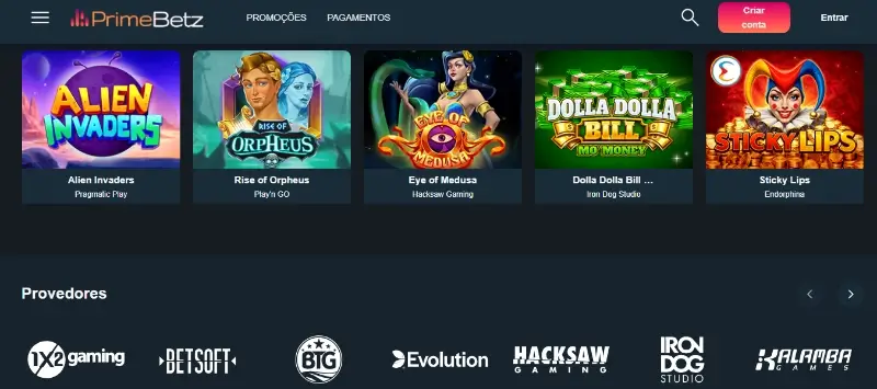 Página de casino no PrimBetz