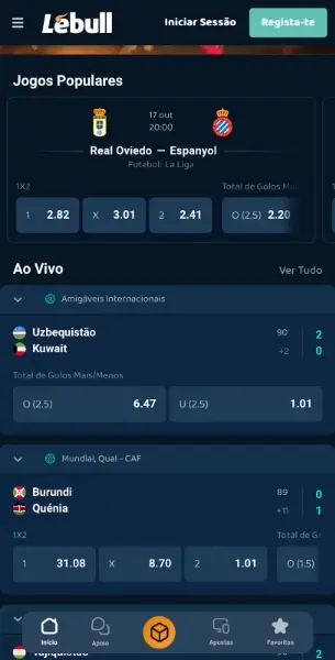 Página de apostas desportivas na Lebull App