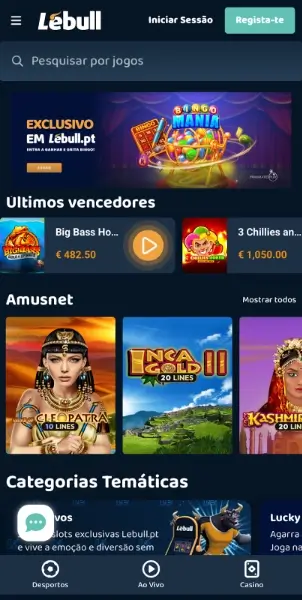 Página de casino na aplicação da Lebull