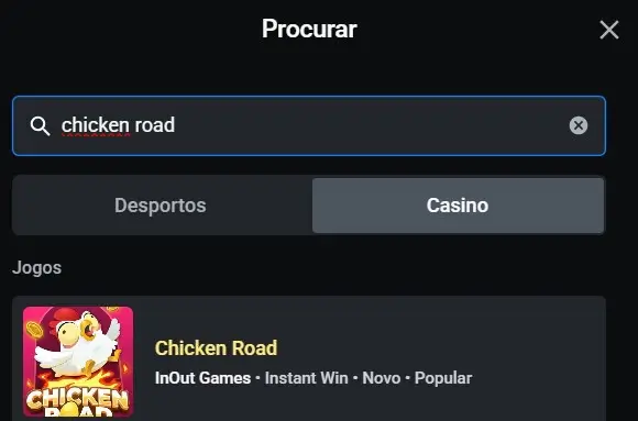 Procurar pelo o jogo chicken road no filtro de pesquisa de um casino online
