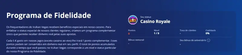 Programa de fidelidade de cashback até 7% na Vulkan Vegas