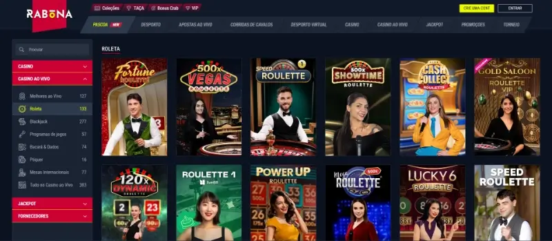 Página de roleta ao vivo no casino da Rabona