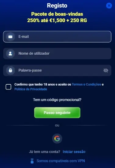 Formulário de registo do AzurSlot
