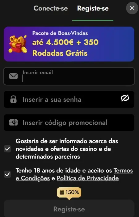 Página de registo na OscarSpin