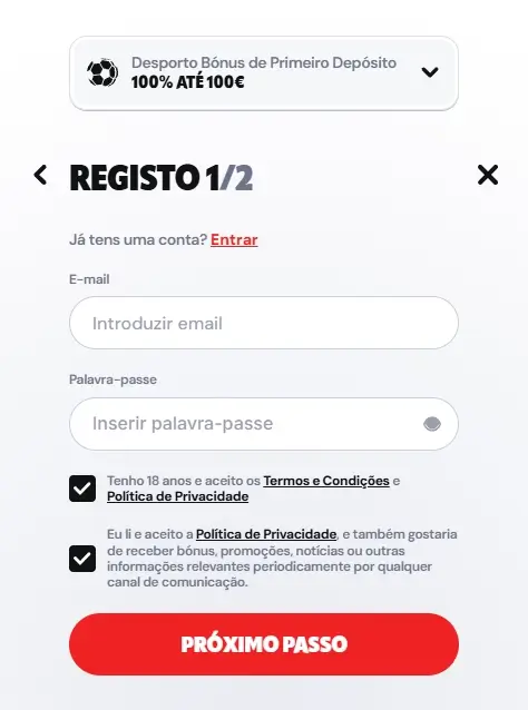 Formulário de registo na Supabet