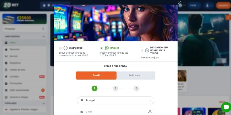 Registo com o código promocional da 20Bet