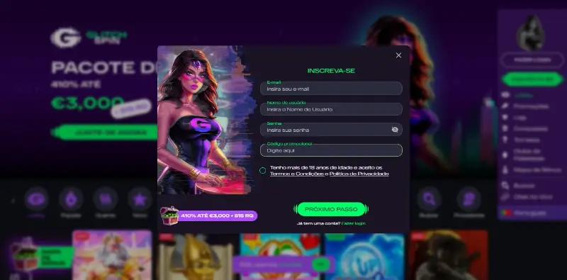 Formulário de registo no Glitch Spin Casino