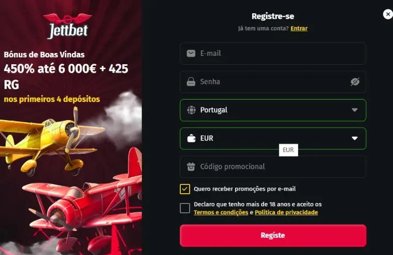 Inicio do processo de registo no Jettbet