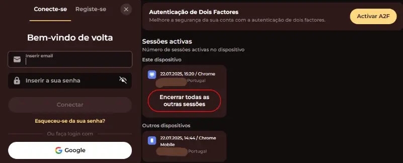 Formulário de registo e login no Vinci Spin