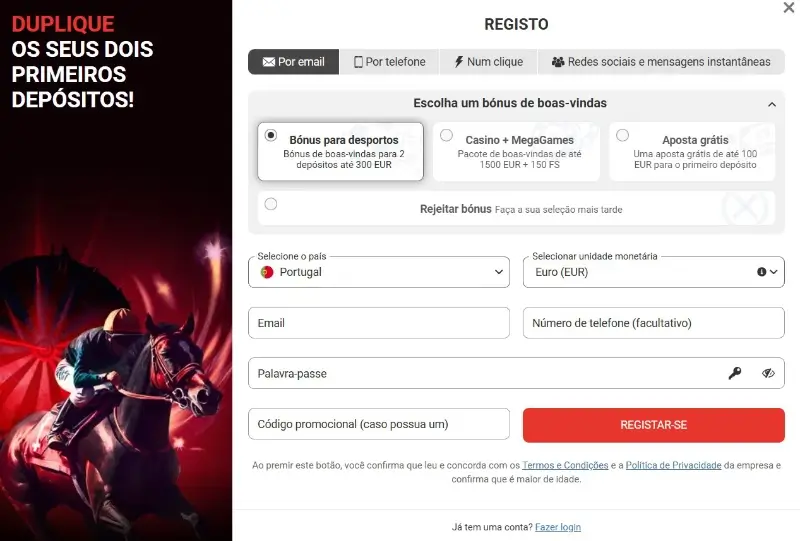 Formulário de registo da Megapari