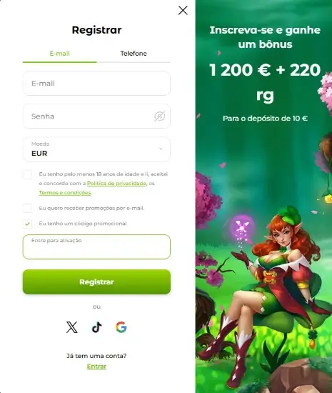 Inicio do processo de registo no Verde Casino