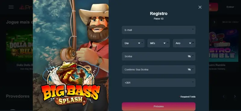 Página de registo no PrimeBetz Casino
