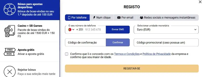 Formulário de registo da SapphireBet