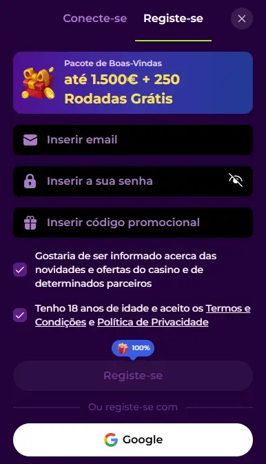 Formulário de registo no Spinmama