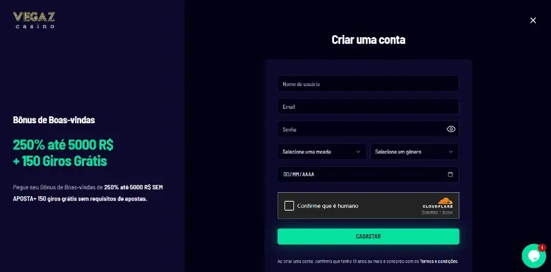 Formulário de Registo do Vegaz Casino
