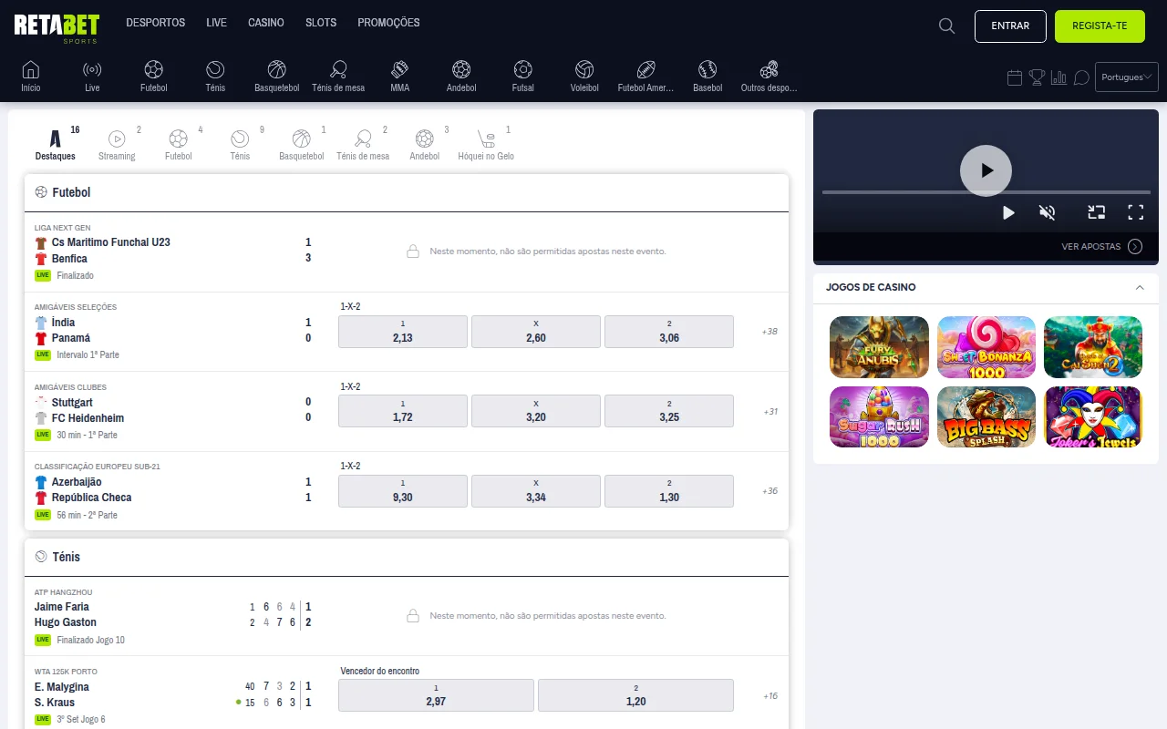 Secção de apostas ao vivo da Retabet com leitor de streaming