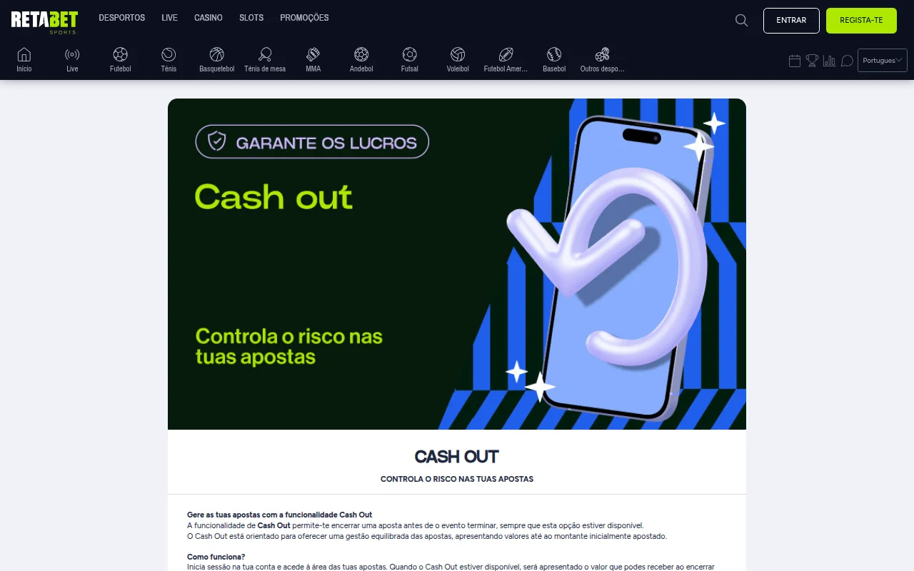 Página da funcionalidade Cash Out da Retabet