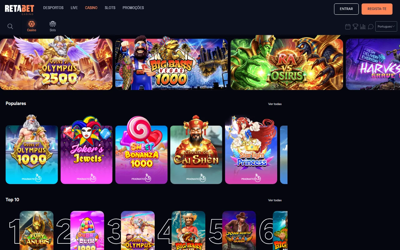 Lobby do casino da Retabet com slots da Pragmatic Play