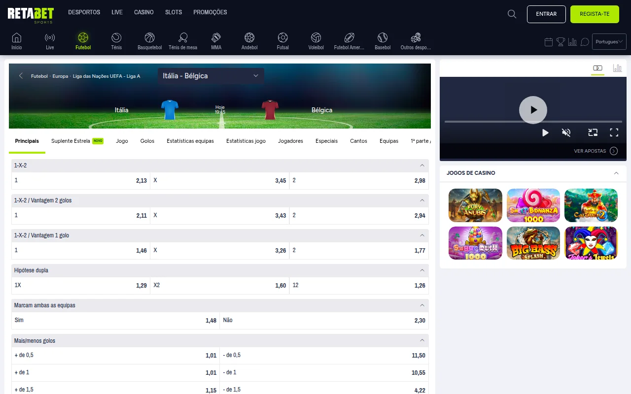 Mercados de apostas da Retabet no jogo Itália–Bélgica da Liga das Nações