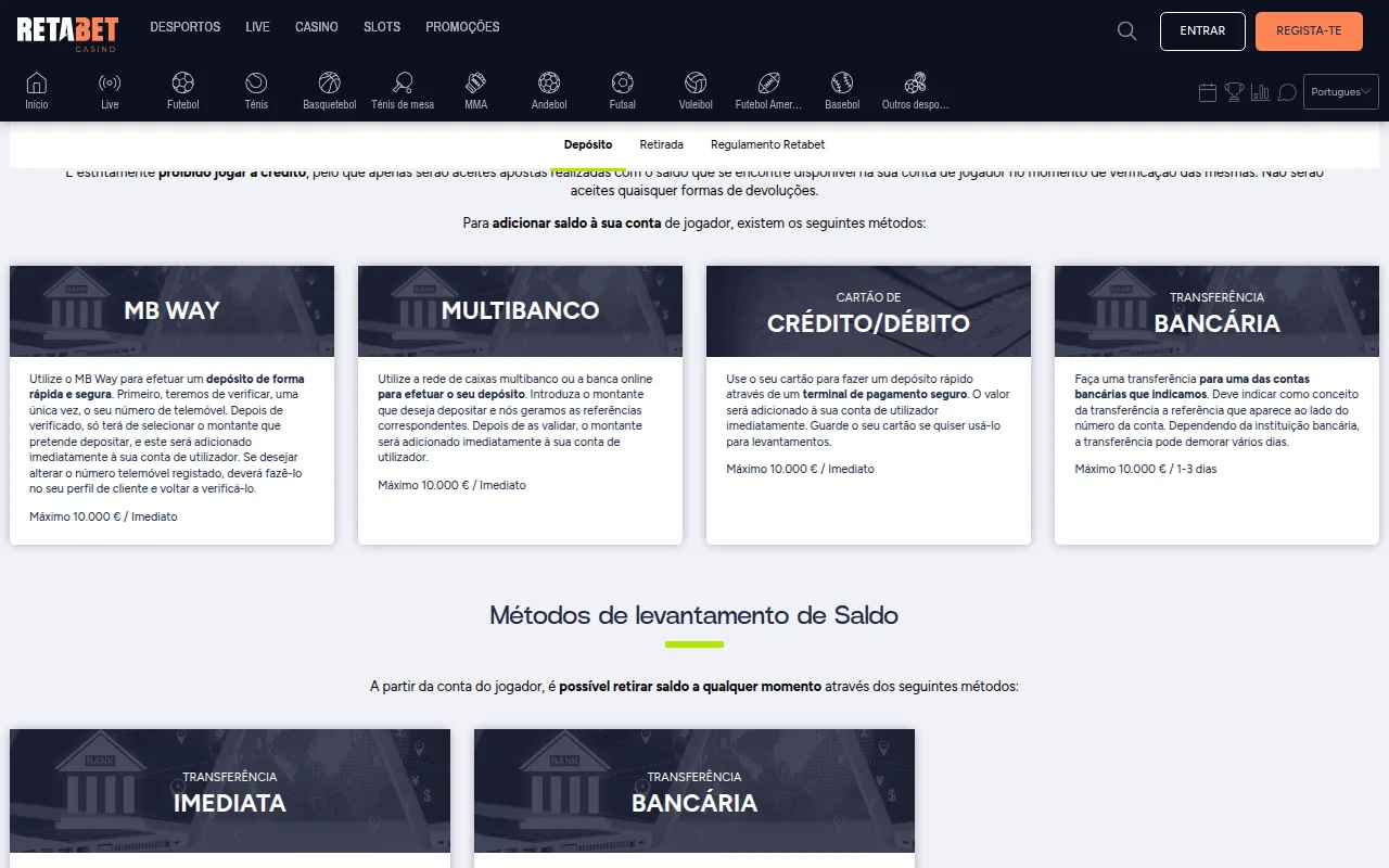 Métodos de depósito da Retabet: MB Way, Multibanco, cartão e transferência bancária