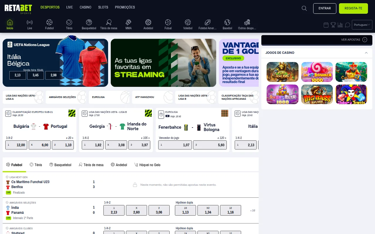 Página inicial da Retabet com destaques de futebol, streaming e jogos de casino
