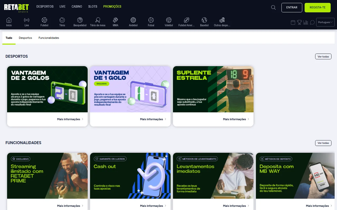 Página de promoções da Retabet com Vantagem de 1 golo, Vantagem de 2 golos e Suplente Estrela