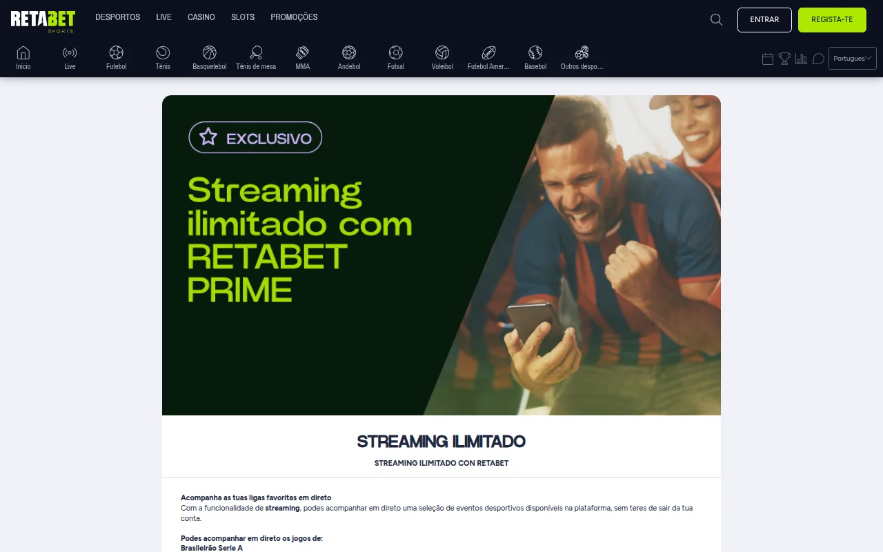 Página do streaming ilimitado da Retabet