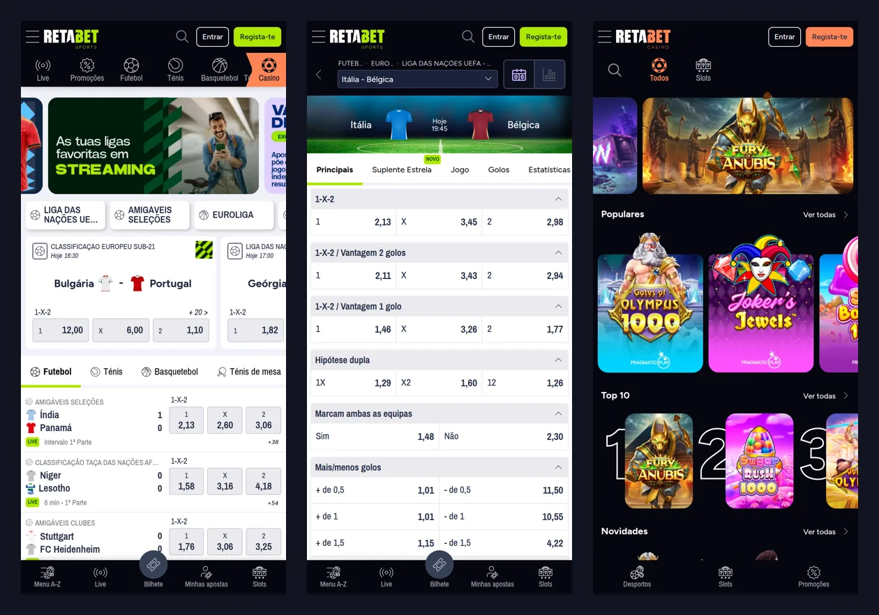 Site móvel da Retabet: página inicial, página de jogo e casino