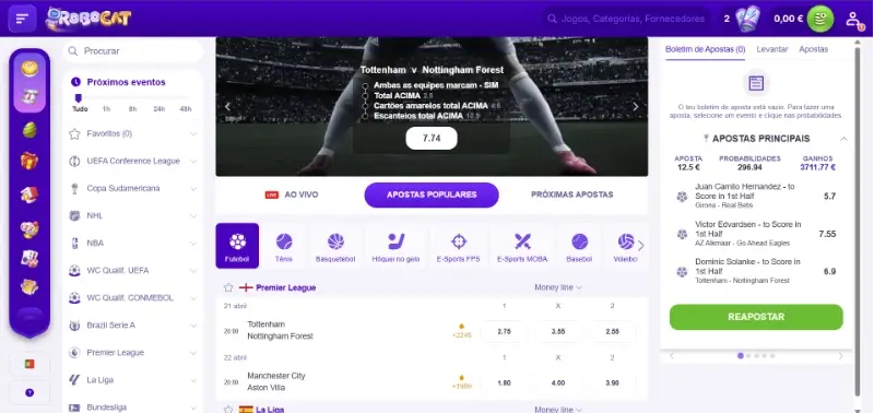 Página de apostas desportivas do Robocat